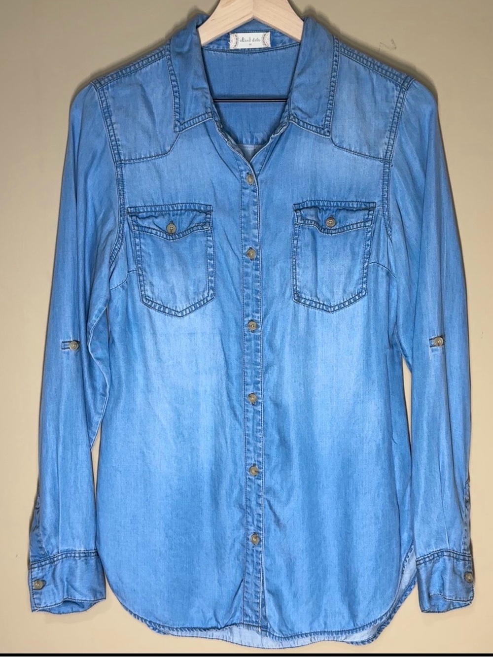 Altar’d State Chambray Button Down Shirt Medium Lyocell Roll Tab Sleeves